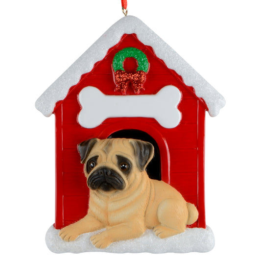 Handpainted pug doghouse Christmas ornament with red doghouse, white bone, green wreath, and snow accents