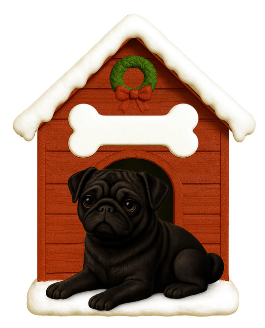 Handpainted black pug figurine lying in front of a red doghouse with snow-covered roof and a green wreath decoration