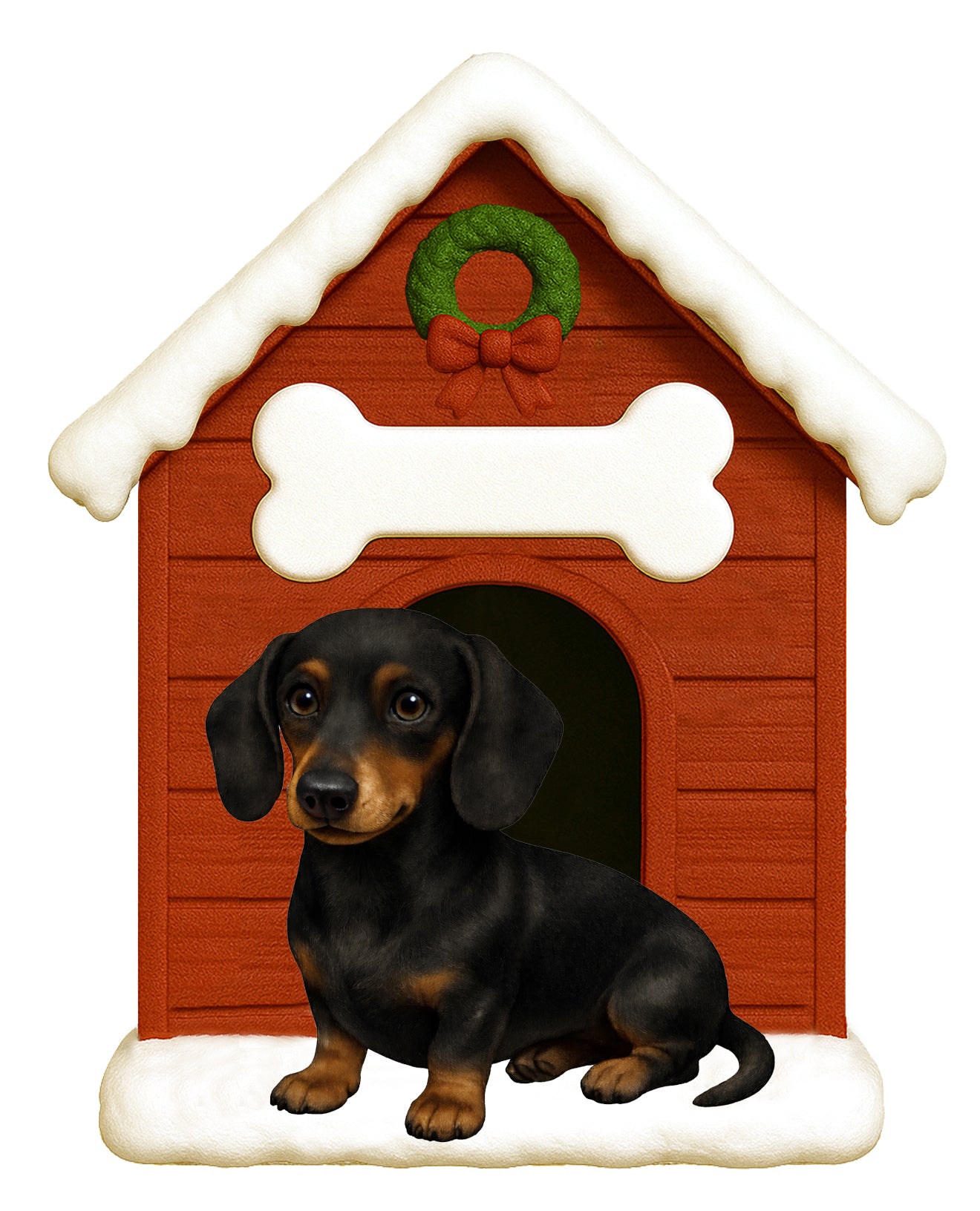 Handpainted black dachshund sitting in front of a snow-capped brown doghouse ornament with a wreath and bone decoration