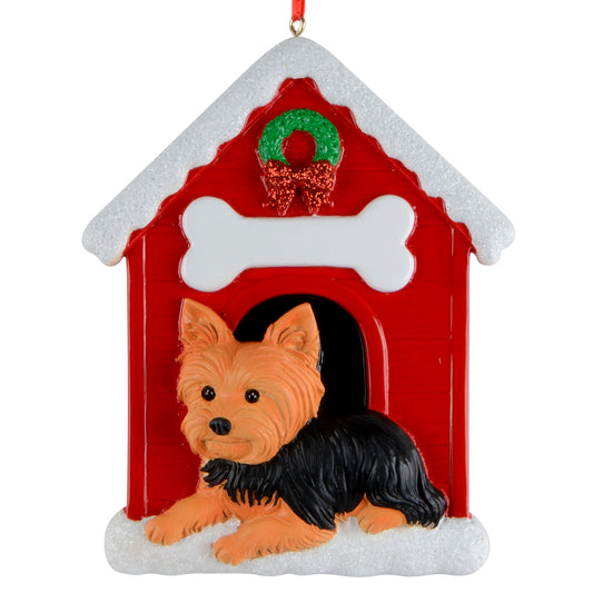 Yorkshire Terrier doghouse ornament with red house, white bone plaque, glitter wreath, and handpainted Yorkie