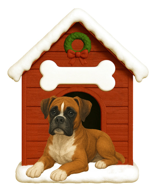 Handpainted Boxer dog sitting in front of a red doghouse decorated with snow and a green wreath with a bow