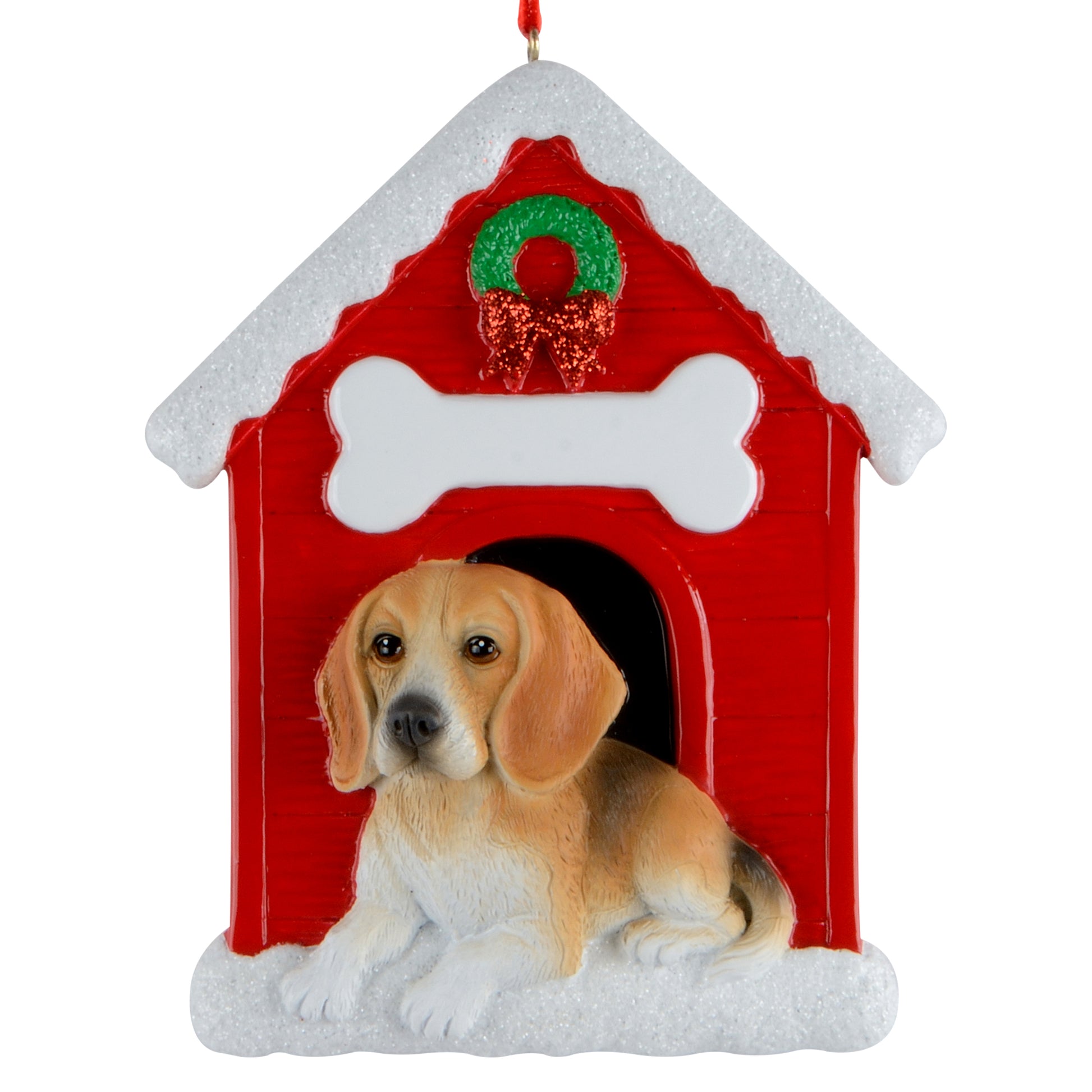 Handpainted Beagle dog resting in red doghouse ornament with snowy roof and holiday wreath