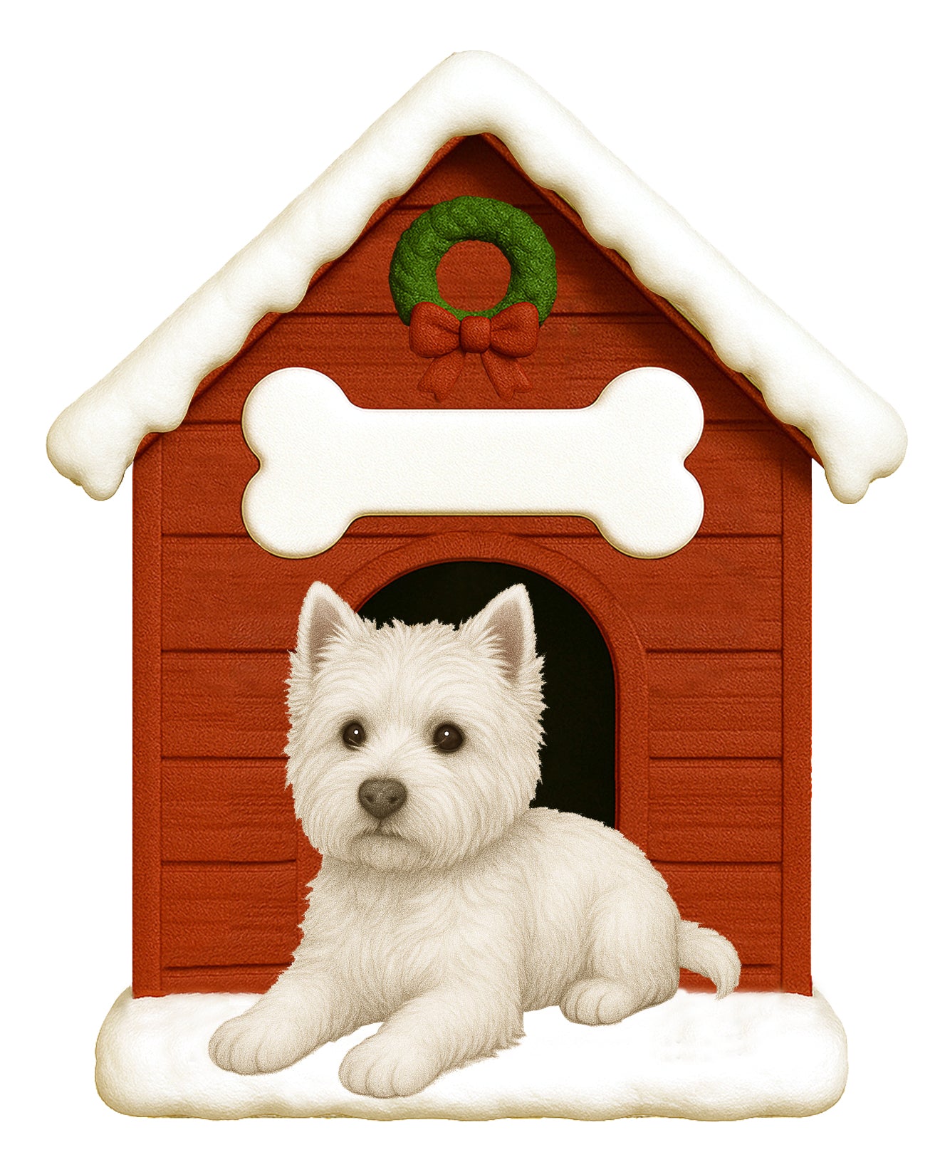 Handpainted Westie Doghouse holiday ornament with white West Highland Terrier and festive wreath