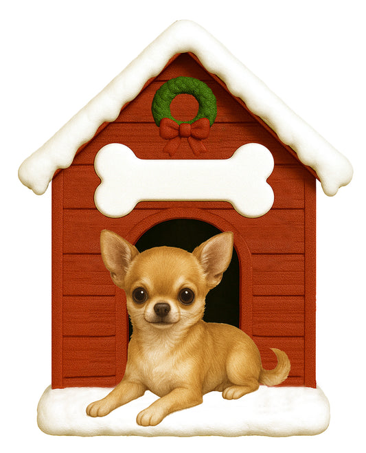 Handpainted Chihuahua Doghouse holiday ornament with a cute dog resting on snow and a festive wreath on the roof