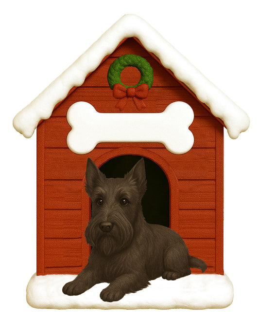 Handpainted Scottie dog resting in front of a red doghouse ornament with snow on roof, green wreath, and white bone decoration