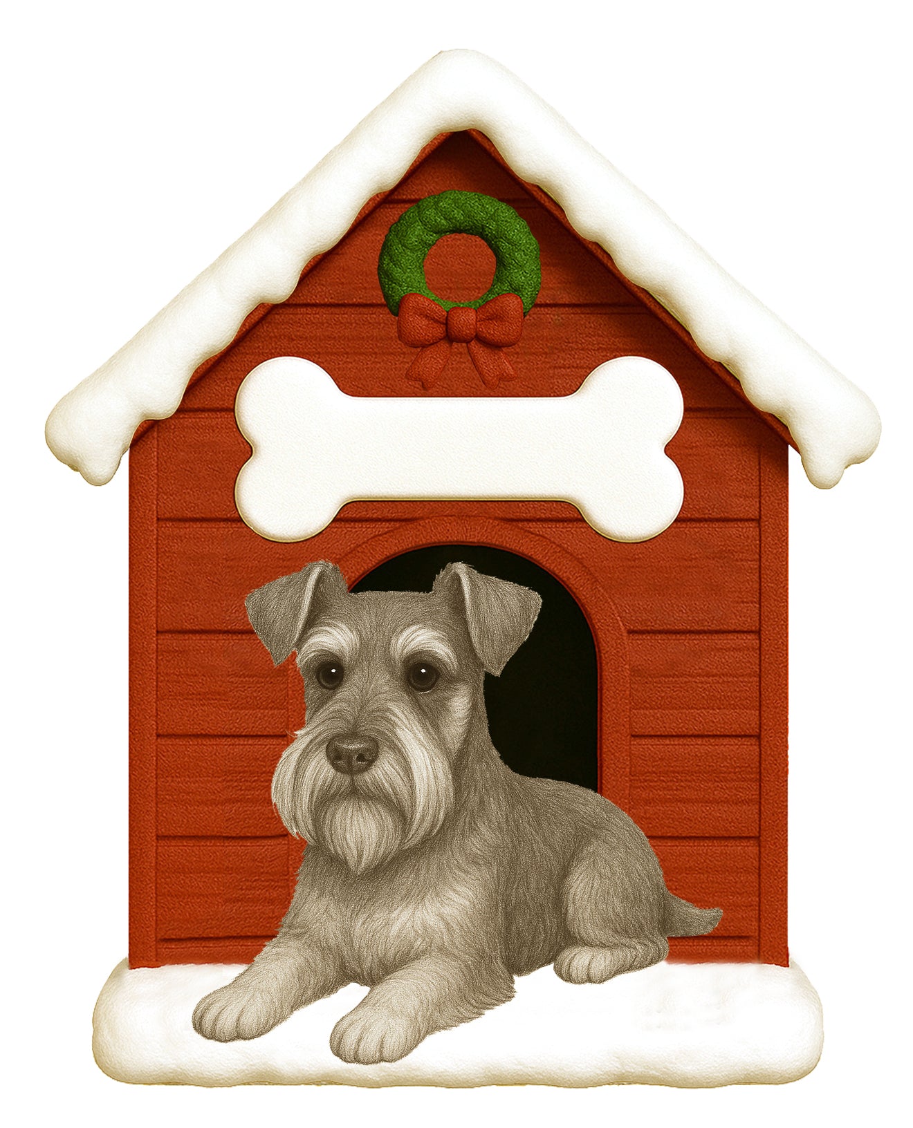 Handpainted Schnauzer dog resting inside a red doghouse ornament decorated with snow, a white bone, and a green wreath with red bow