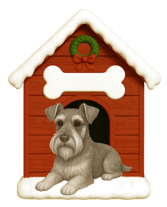 Handpainted Schnauzer dog resting inside a red doghouse ornament decorated with snow, a white bone, and a green wreath with red bow