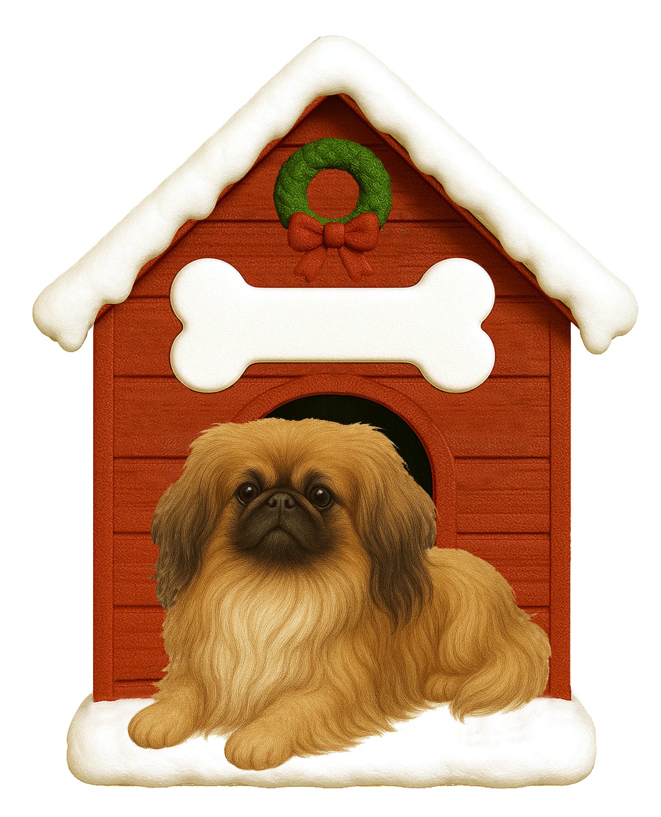 Handpainted holiday ornament featuring a Pekingese dog lying in front of a red doghouse with a snowy roof and green wreath.