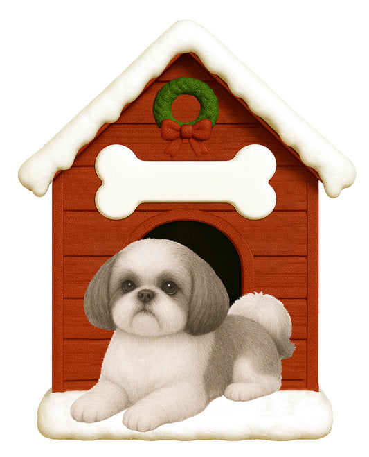 Handpainted Shih Tzu doghouse holiday ornament featuring a gray and white dog resting outside a red doghouse decorated with snow and a green wreath