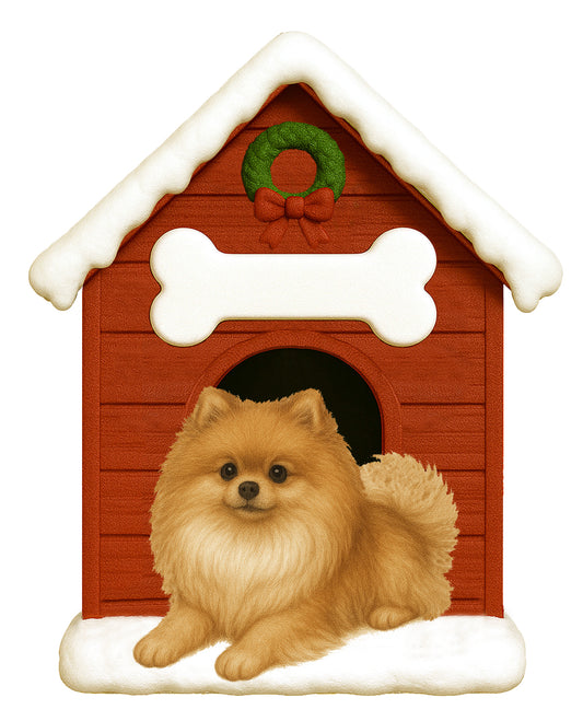 Handpainted Pomeranian dog resting in front of red doghouse with snow roof and festive wreath ornament