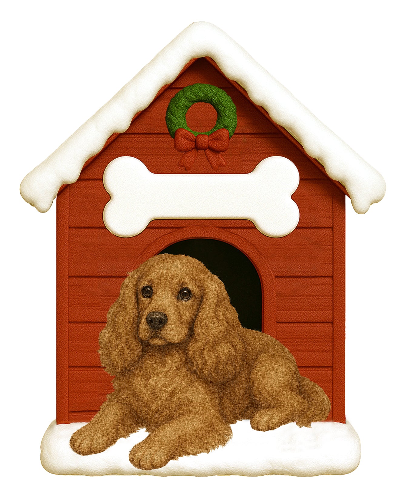 Handpainted holiday ornament showing a Cocker Spaniel dog laying by a red doghouse with snowy roof, white bone decoration, and green wreath with red bow