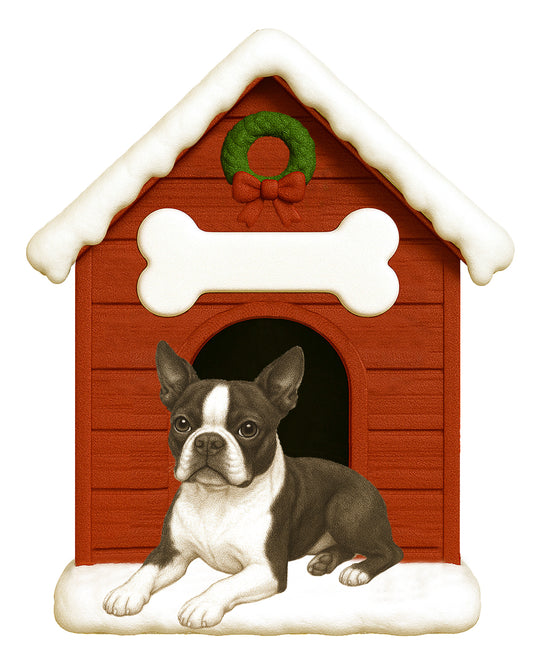 Handpainted Boston Terrier doghouse holiday ornament with snow accents and festive wreath