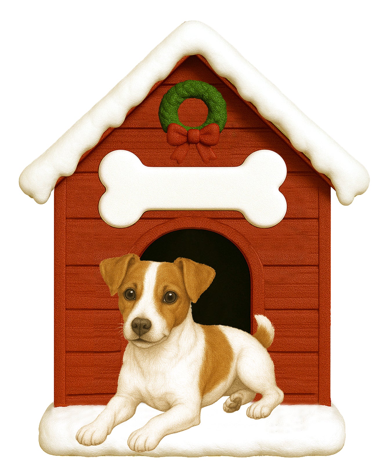 Handpainted Jack Russell Terrier doghouse holiday ornament with snow-tipped roof and wreath