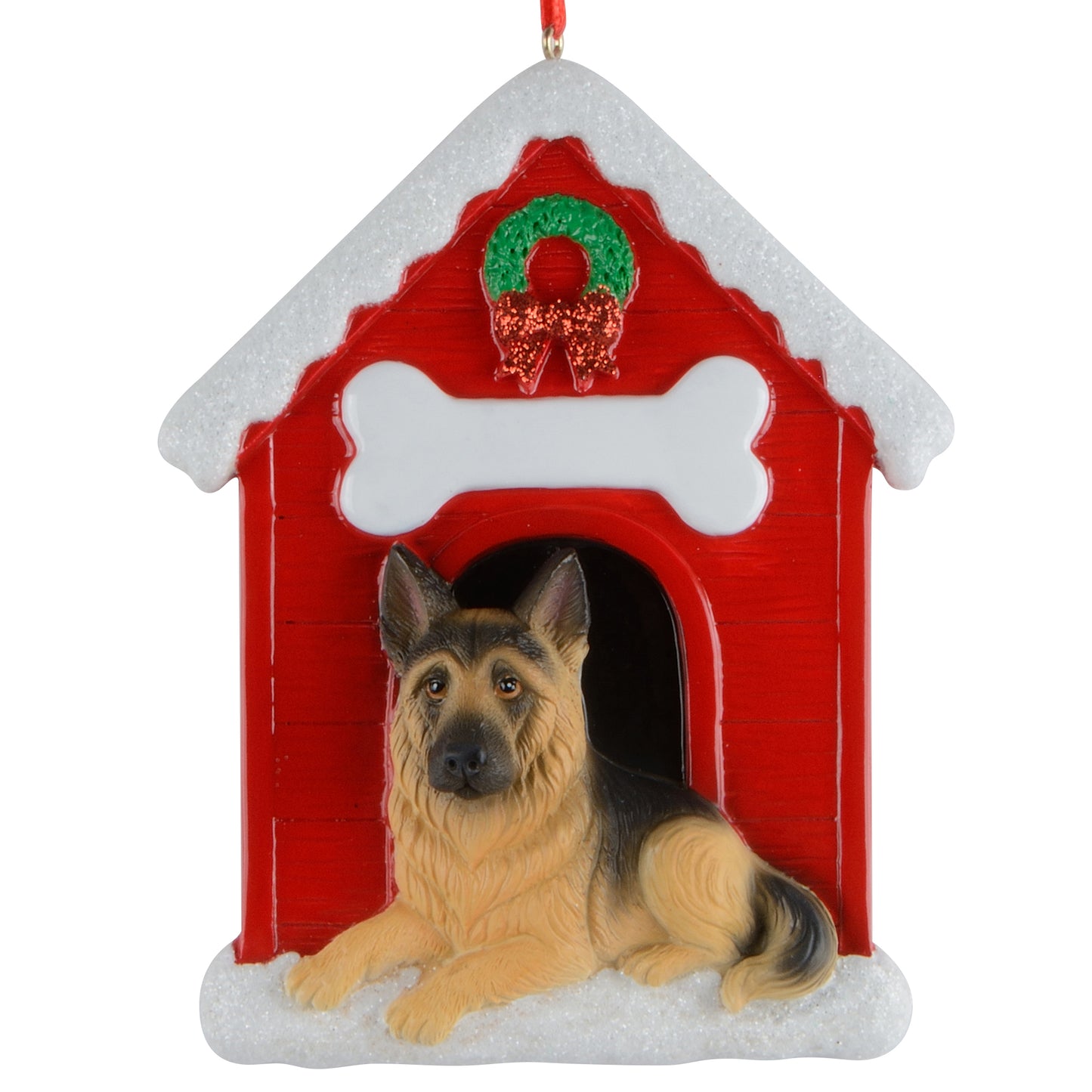 Handpainted German Shepherd dog laying in front of red doghouse ornament with snow and wreath
