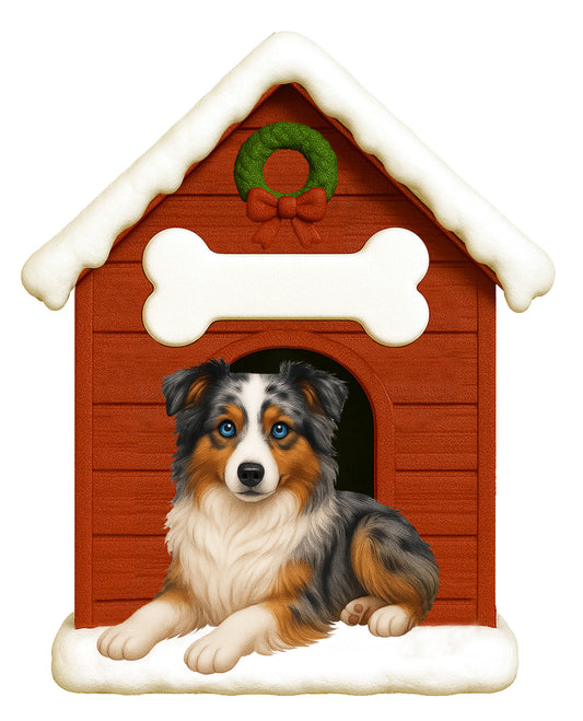 Handpainted Merle Australian Shepherd dog resting at entrance of a red doghouse with snow-covered roof and Christmas wreath