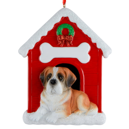Handpainted St Bernard dog in front of red doghouse Christmas ornament with white snowy roof and green wreath