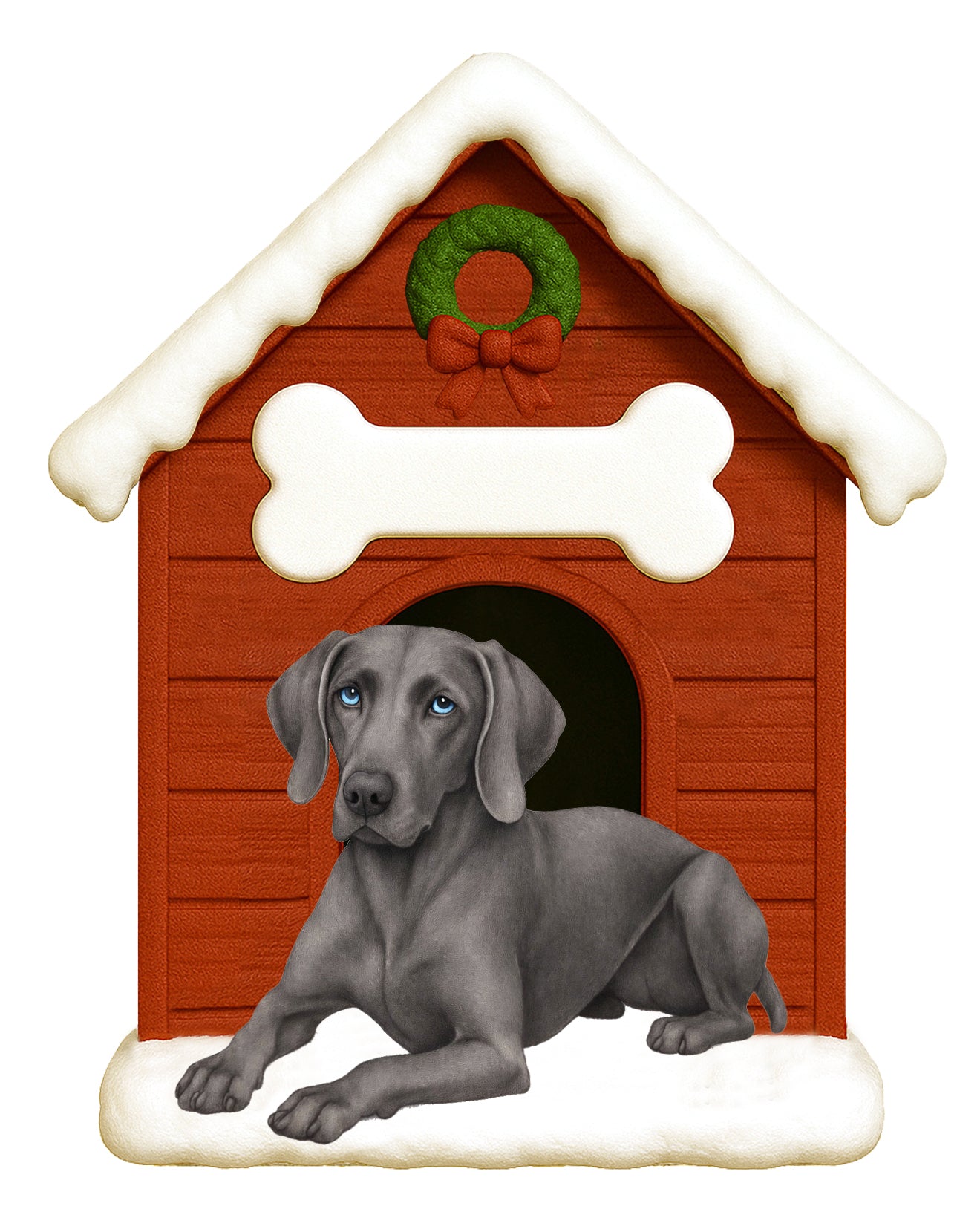 Handpainted Weimaraner dog laying in front of a snow-covered red doghouse ornament with a green wreath and bone decoration