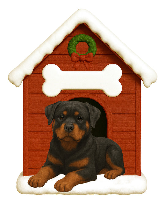 Handpainted Rottweiler puppy lying in front of a brown wooden doghouse decorated with snow, a green wreath, and a white bone ornament
