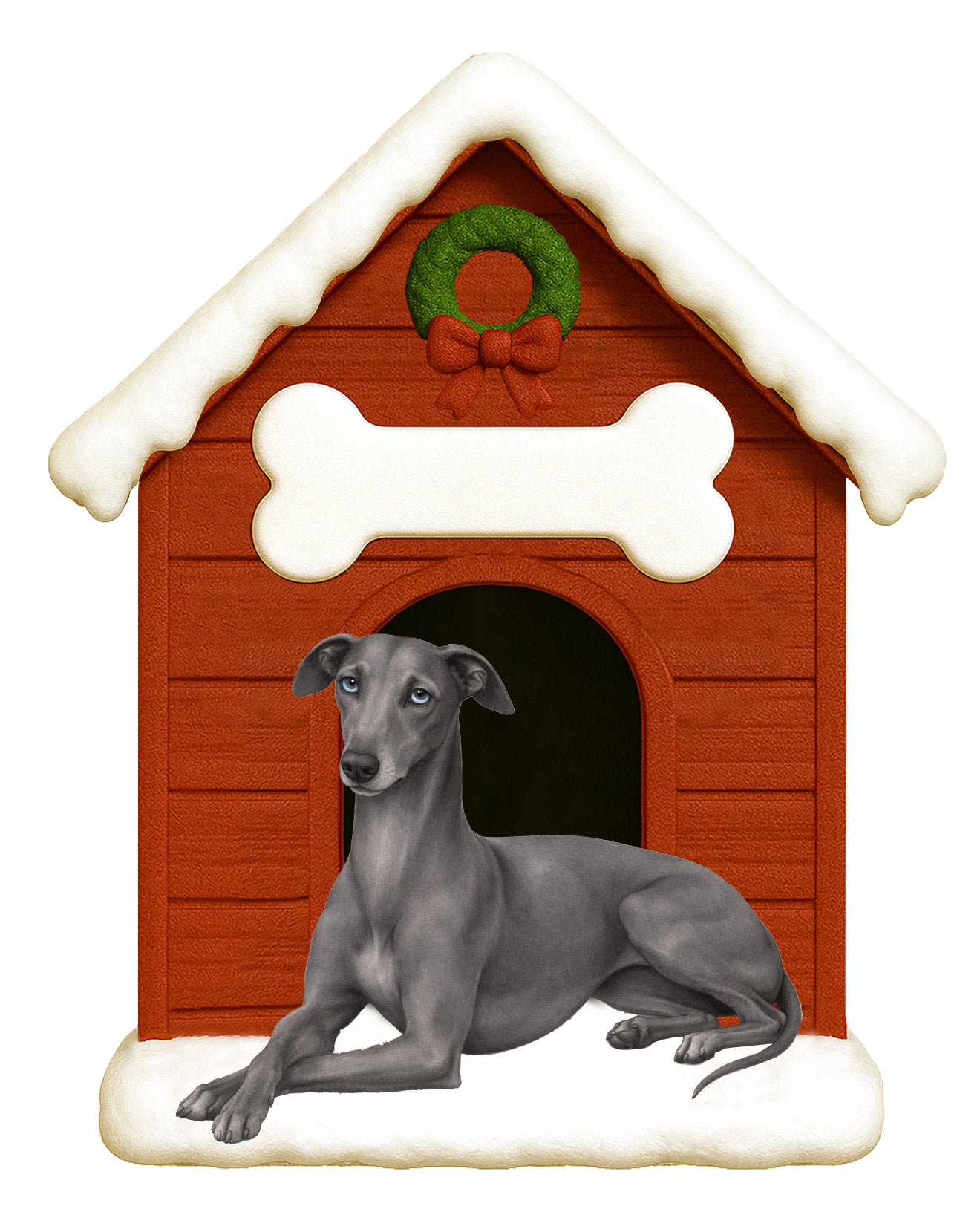 Greyhound laying in front of red doghouse ornament with snow on roof and white bone decoration