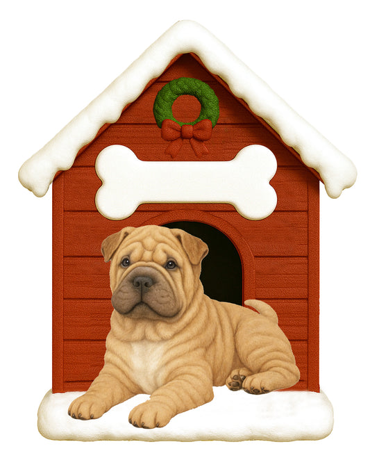 Handpainted holiday ornament featuring a Shar Pei dog laying in front of a red doghouse with snowy roof and festive wreath