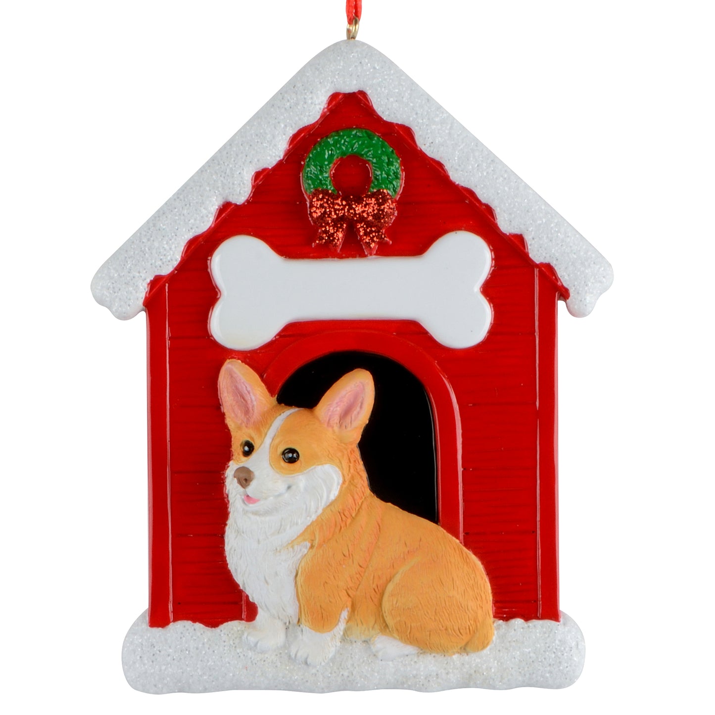 Handpainted Corgi doghouse Christmas ornament with red doghouse, white bone plaque, green wreath, and sitting corgi