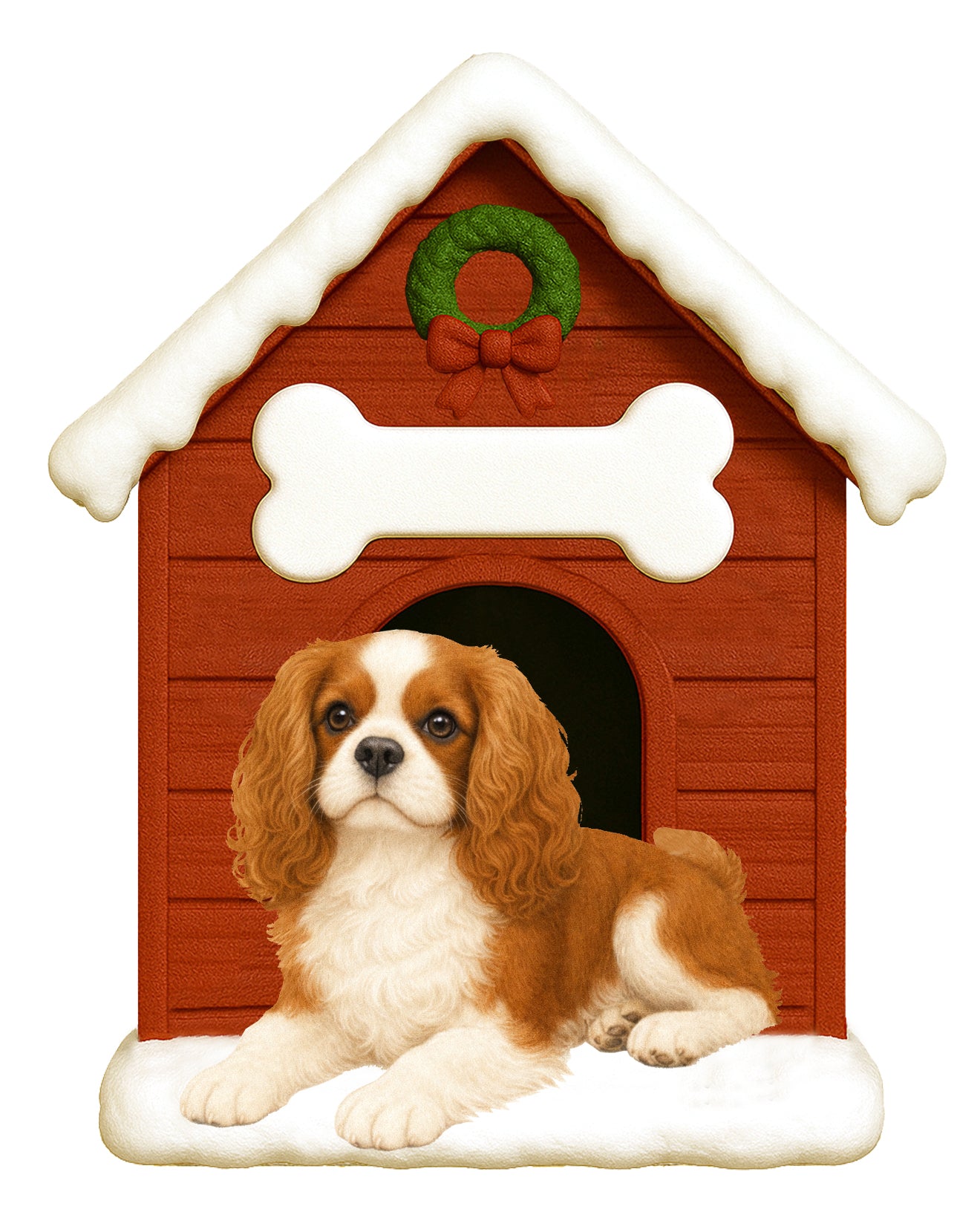Handpainted King Charles Spaniel doghouse holiday ornament with snow and wreath