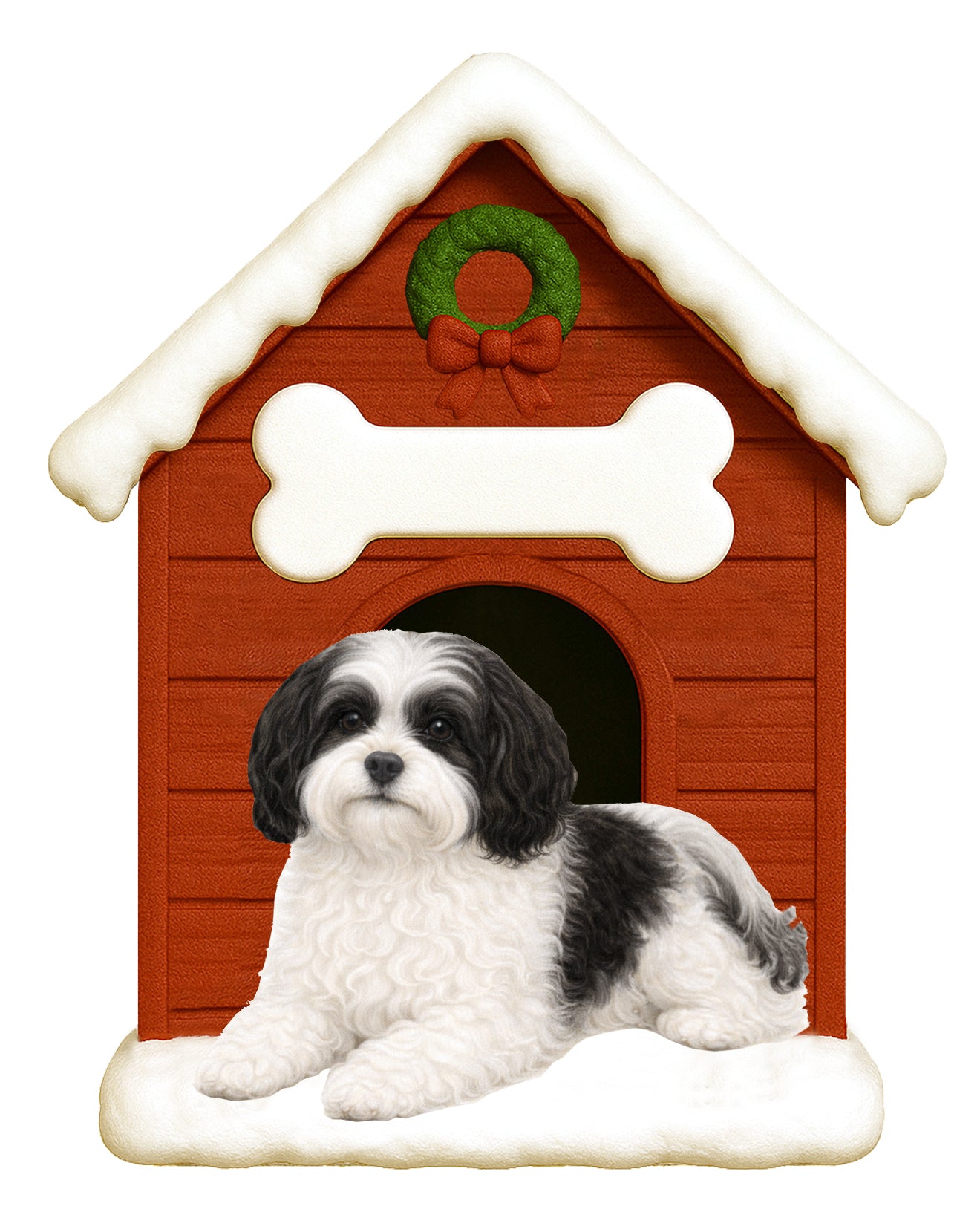 Handpainted black and white Havanese dog sitting in front of a red doghouse with snow on the roof and a green wreath with red bow above the entrance
