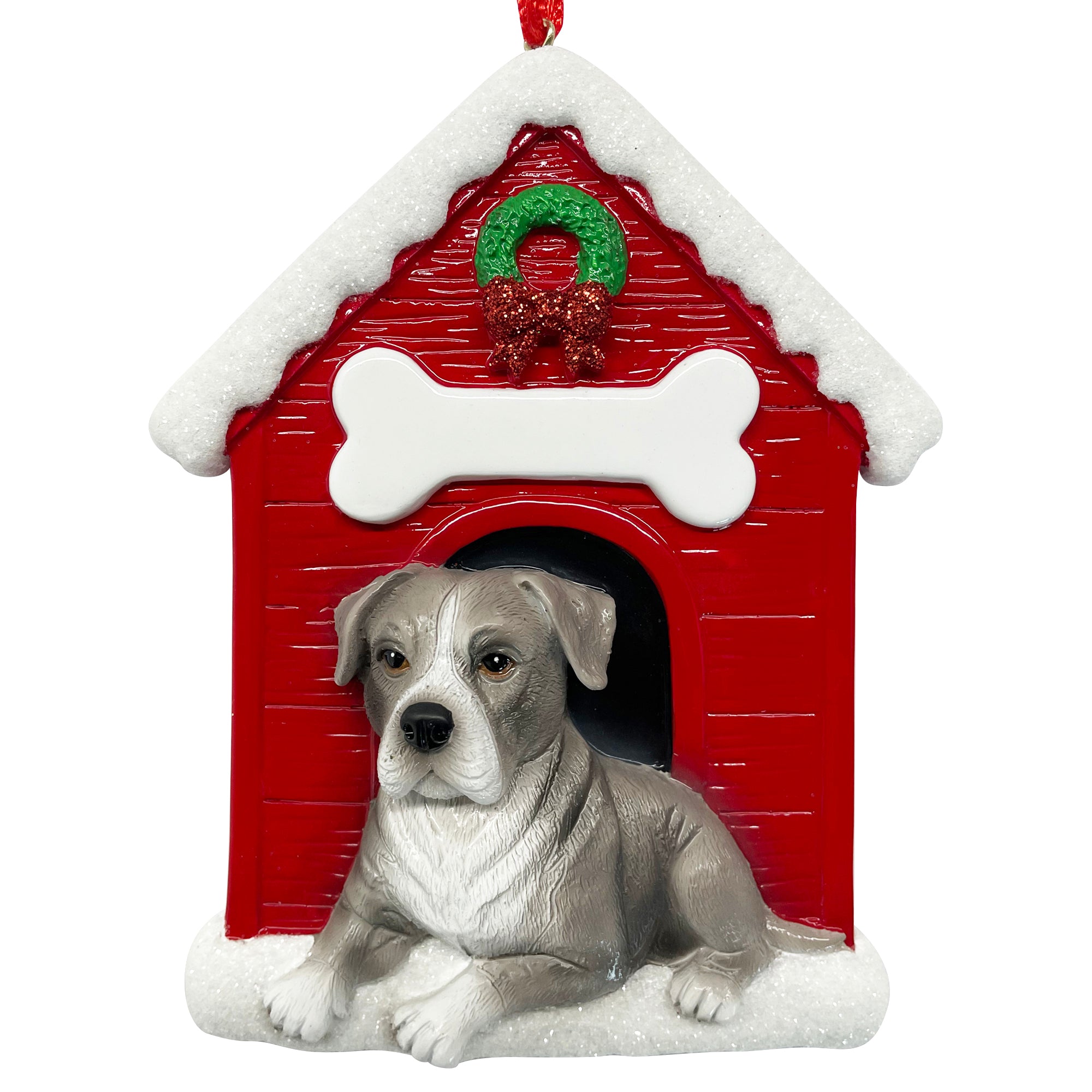 Handpainted Pitbull Doghouse holiday ornament with red wooden house, white bone, green wreath, and grey pitbull dog