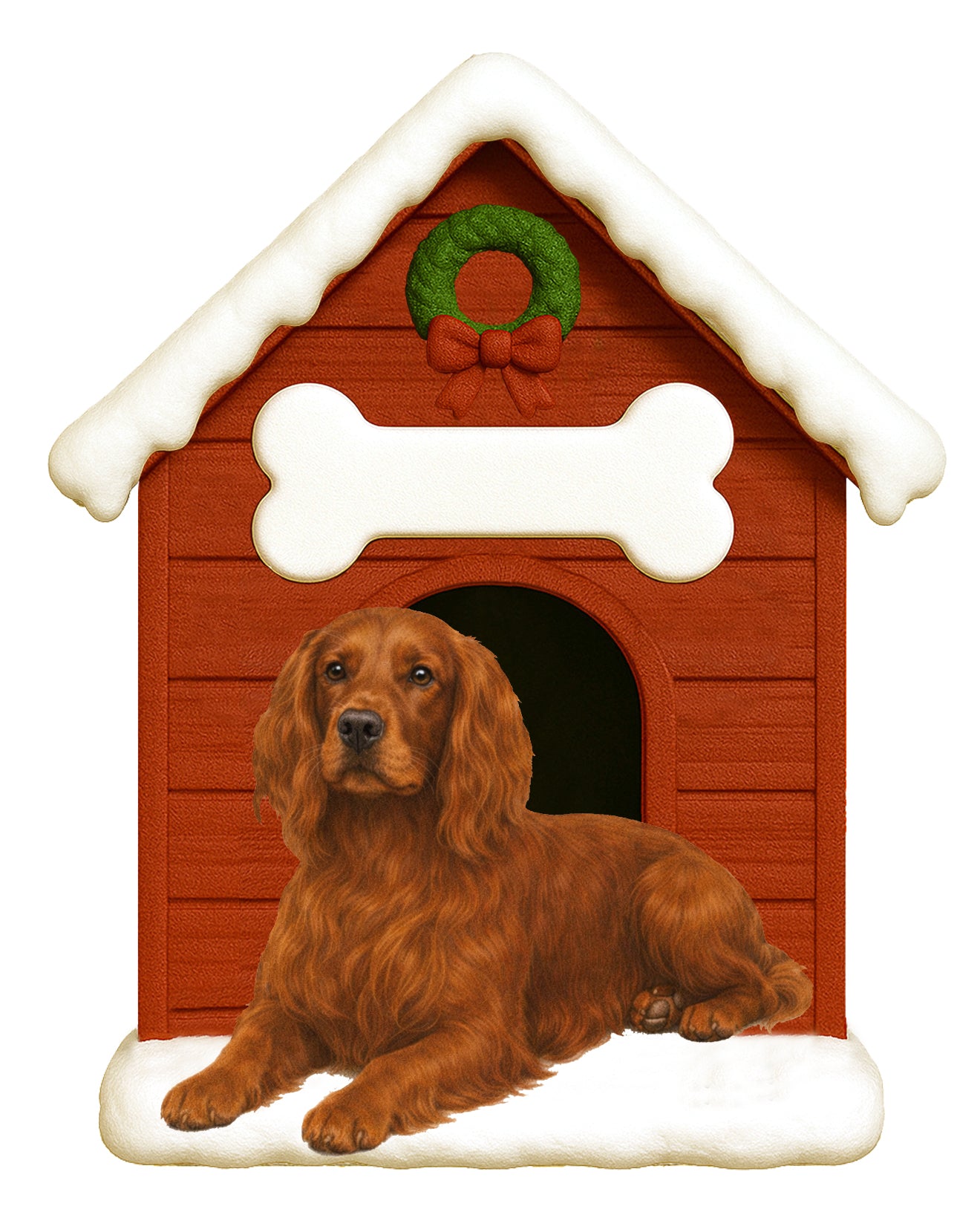 Handpainted Irish Setter dog resting in front of a red doghouse decorated with snow and a green wreath
