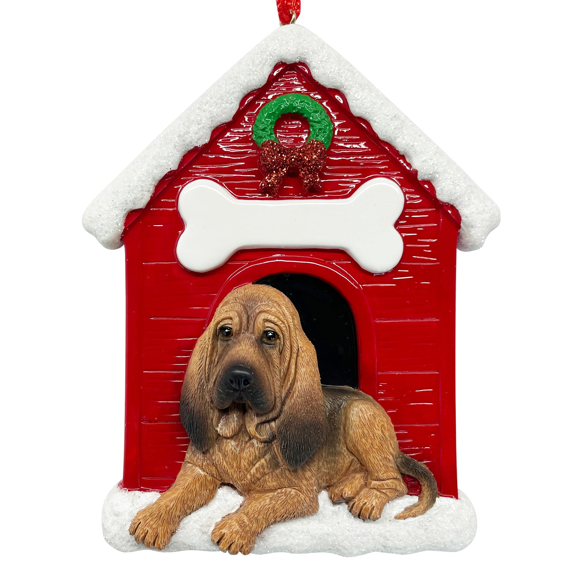 Handpainted Bloodhound dog lying in front of red doghouse Christmas ornament with snowy roof and wreath
