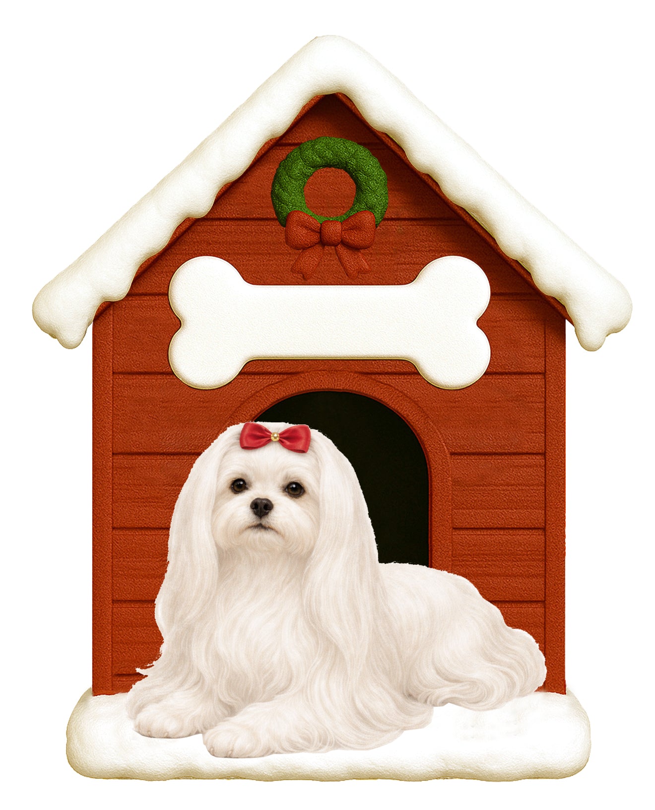 Handpainted Maltese dog resting in front of a festive doghouse ornament with snow-capped roof and green wreath