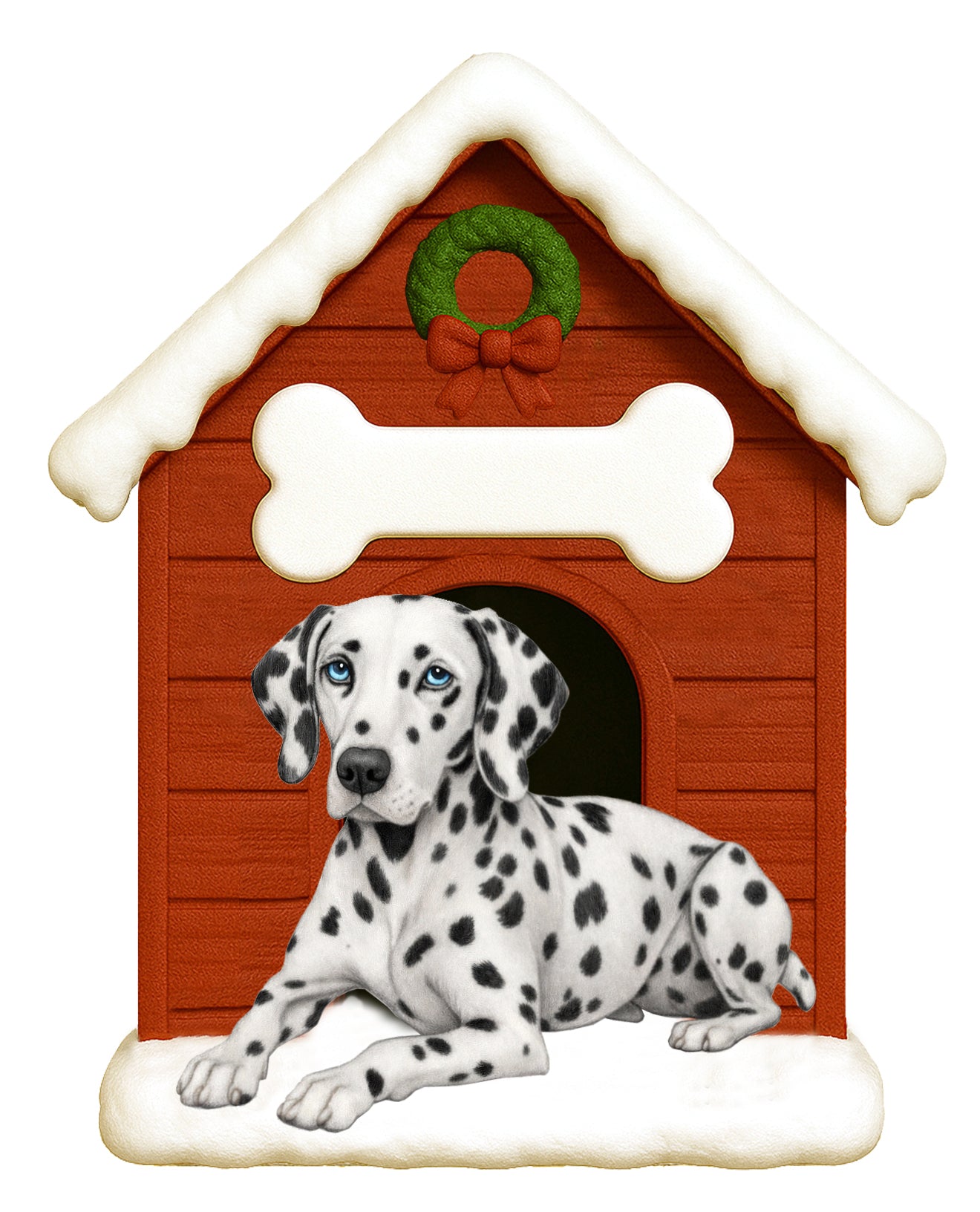 Handpainted Dalmatian dog lying in front of a red doghouse ornament with snow on roof and a green wreath decoration