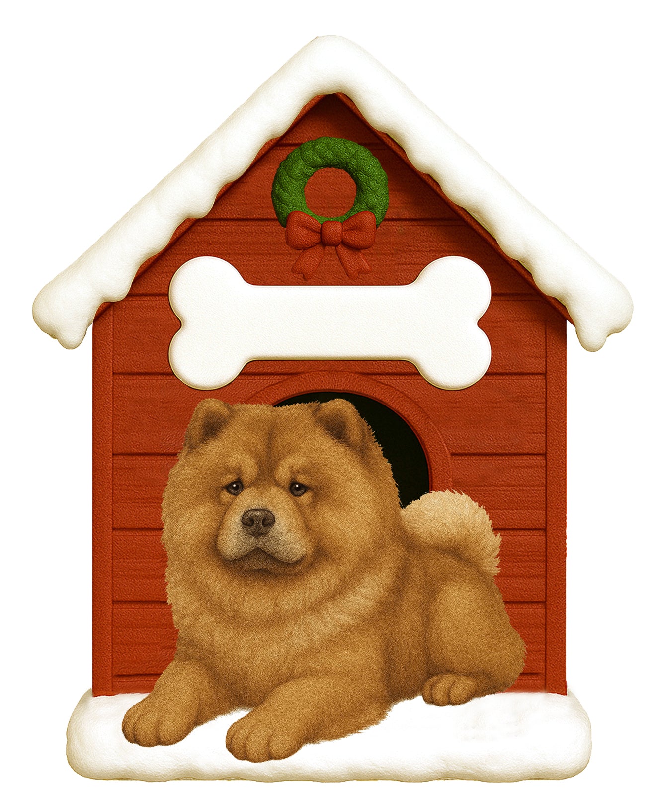 Handpainted Chow Chow doghouse holiday ornament with snow-covered roof and festive wreath