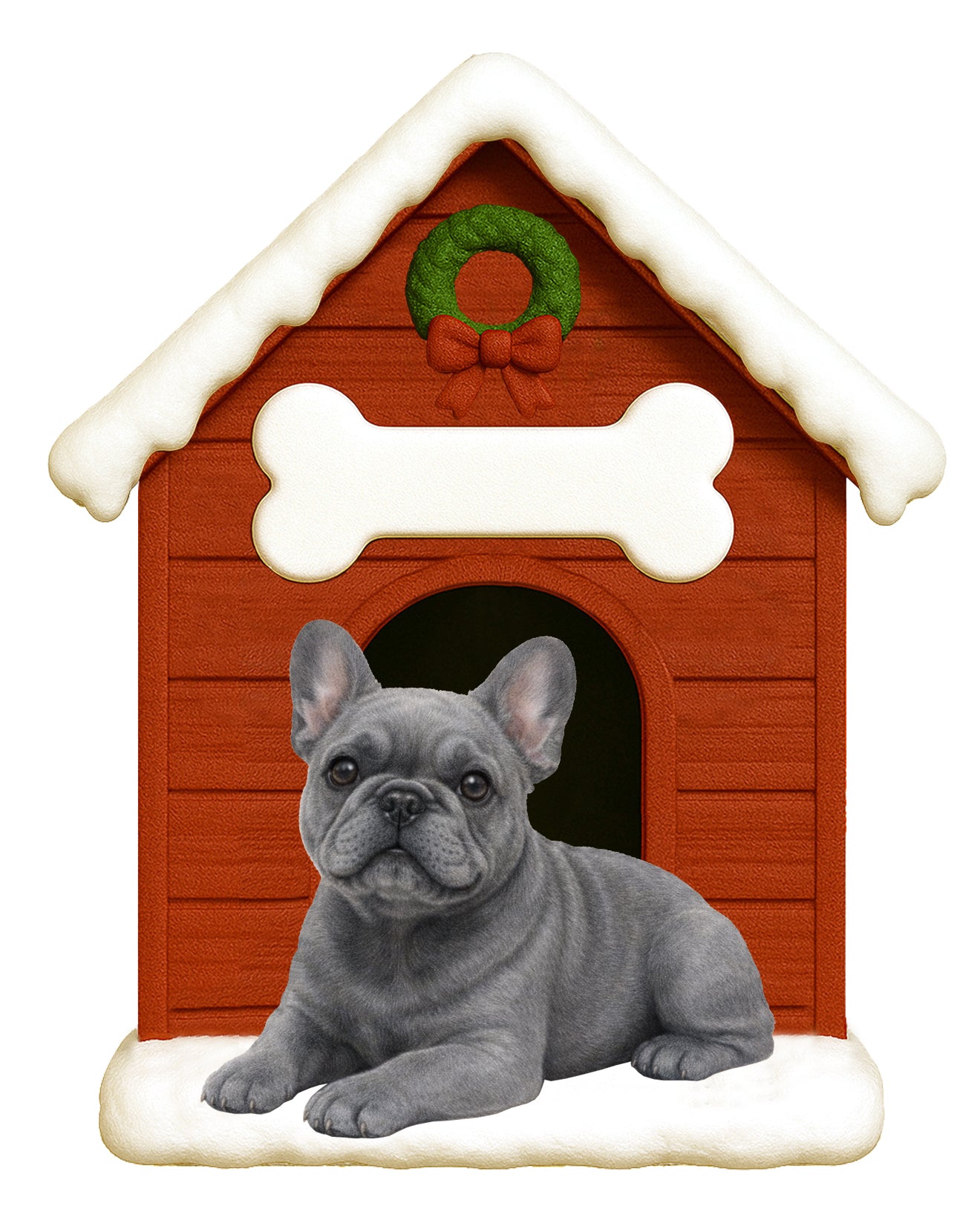 Handpainted French Bulldog puppy lying in front of a red doghouse with snow on roof and green wreath with red bow