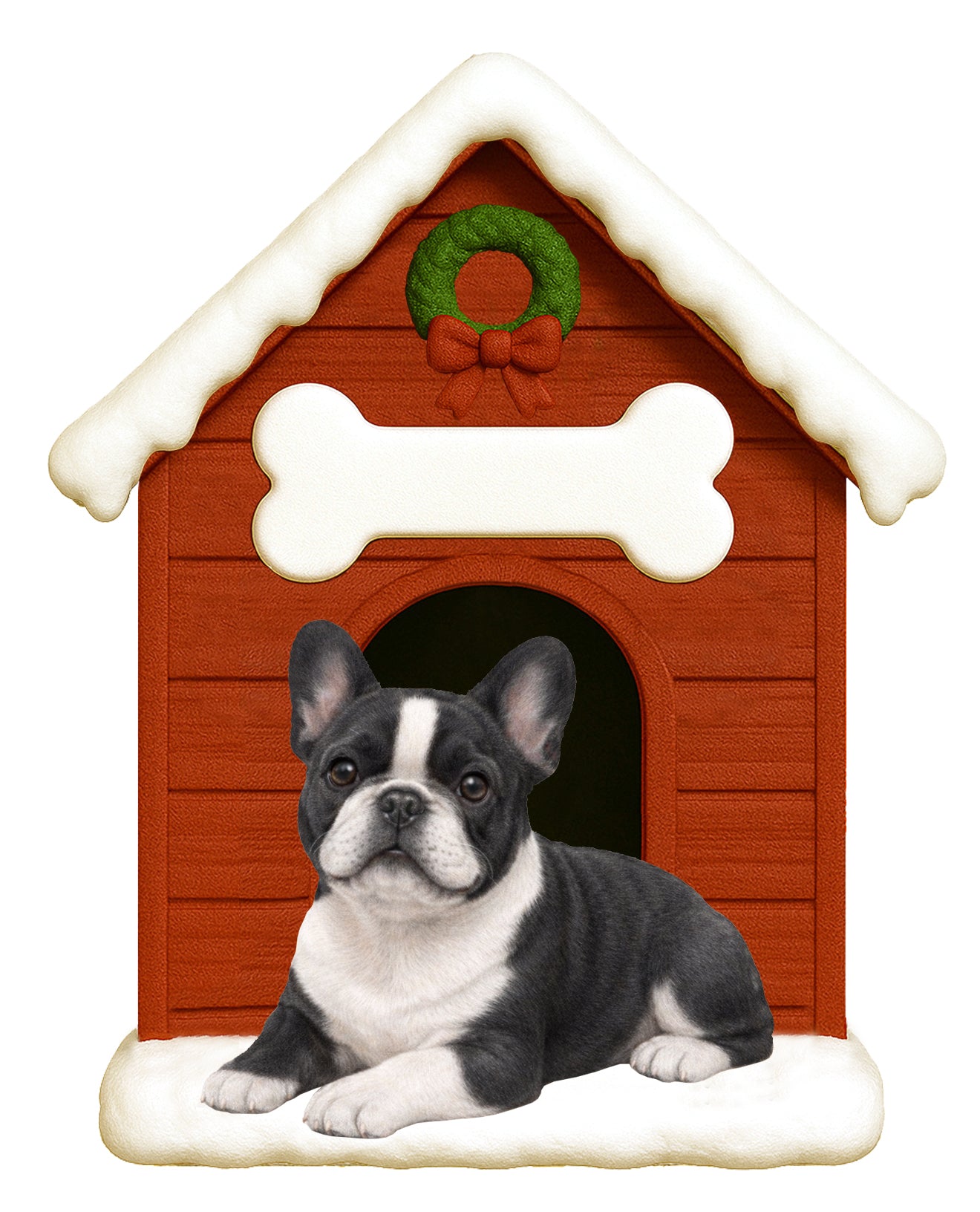 Handpainted French Bulldog doghouse holiday ornament with black and white dog and snow details