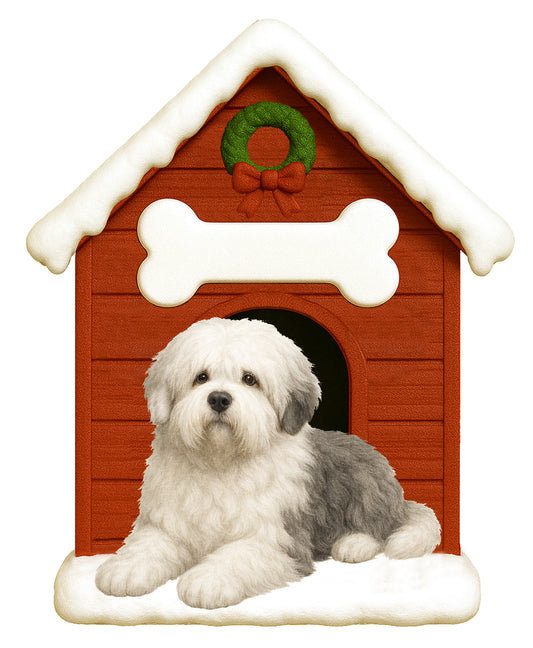 Handpainted Old English Sheepdog ornament with doghouse decorated with snow and wreath