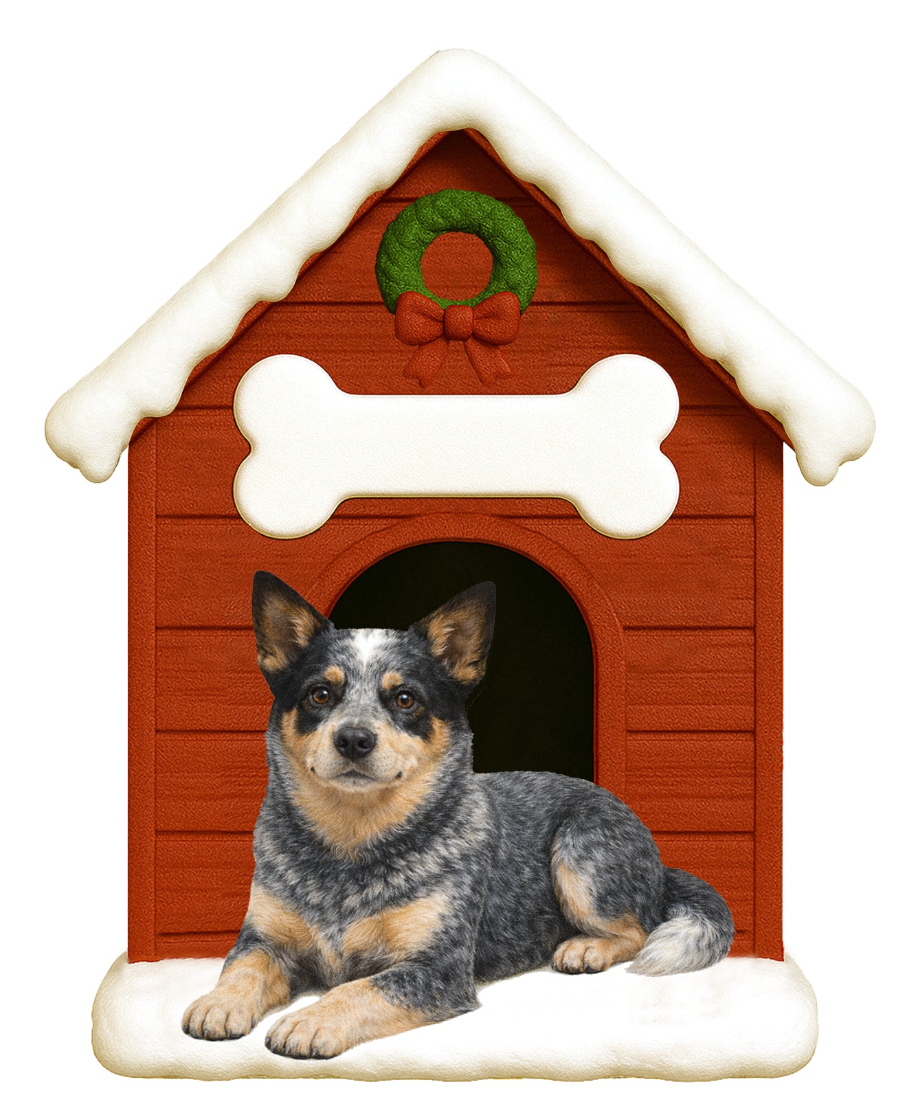 Handpainted Blue Heeler dog resting in front of a red doghouse with snow on roof and base, decorated with green wreath and red bow