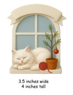 White Persian cat holiday ornament showing size of 3.5 inches wide and 4 inches tall