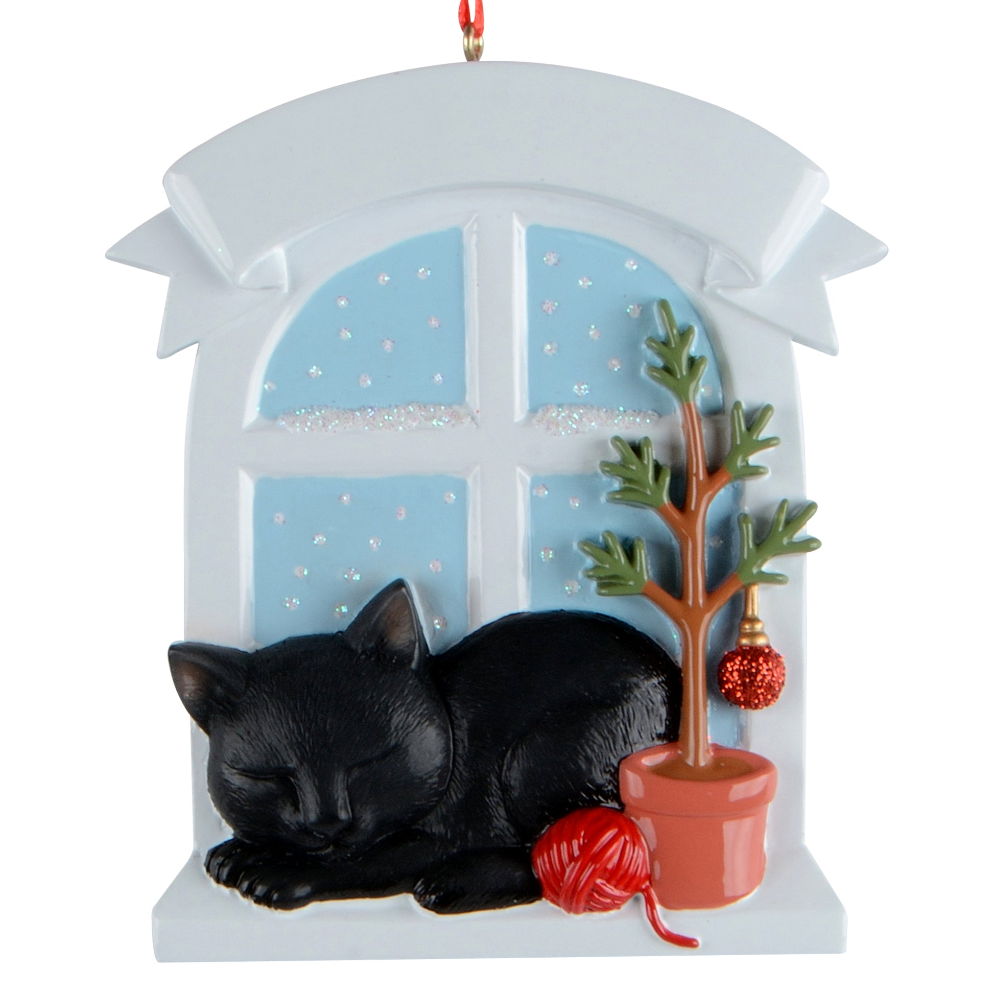 Handpainted black cat sleeping by window with potted tree and red yarn ball holiday ornament
