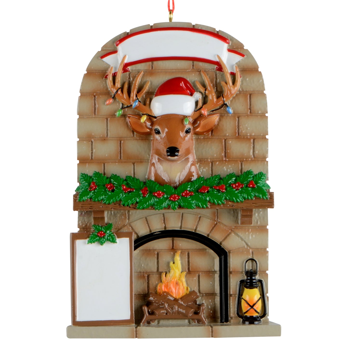 Handpainted holiday ornament of a stone fireplace with a deer wearing a Santa hat and colorful Christmas lights on antlers