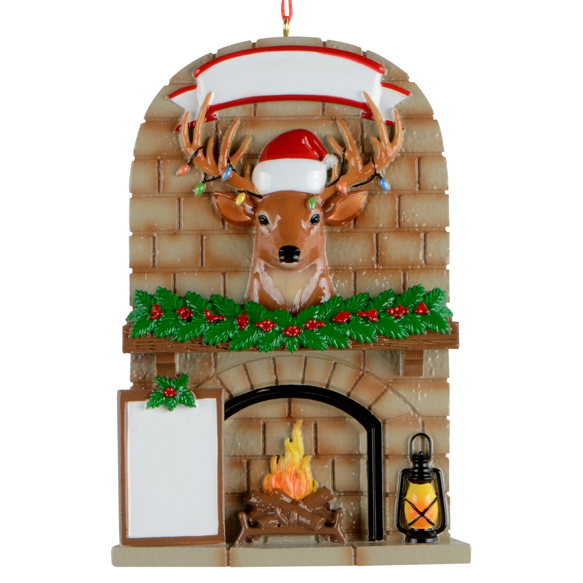 Handpainted holiday ornament of a stone fireplace with a deer wearing a Santa hat and colorful Christmas lights on antlers