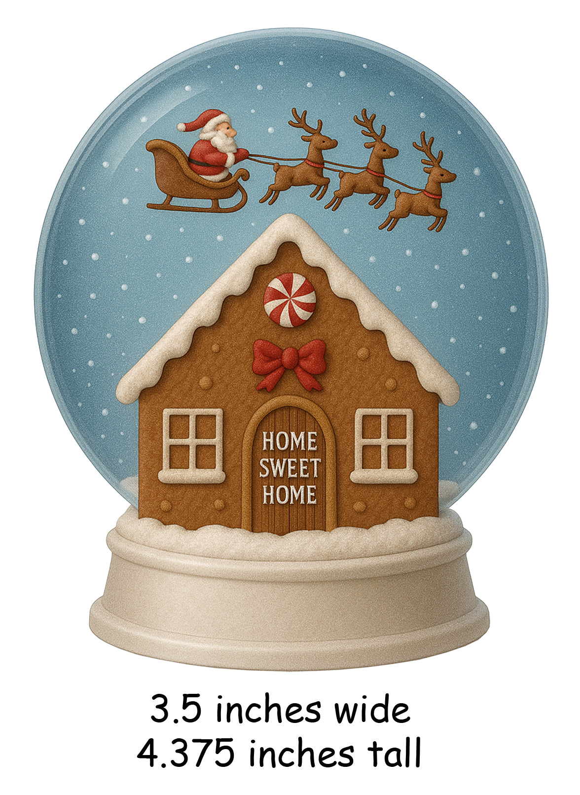 Home Sweet Home snowglobe ornament showing size measurements of 3.5 inches wide and 4.375 inches tall