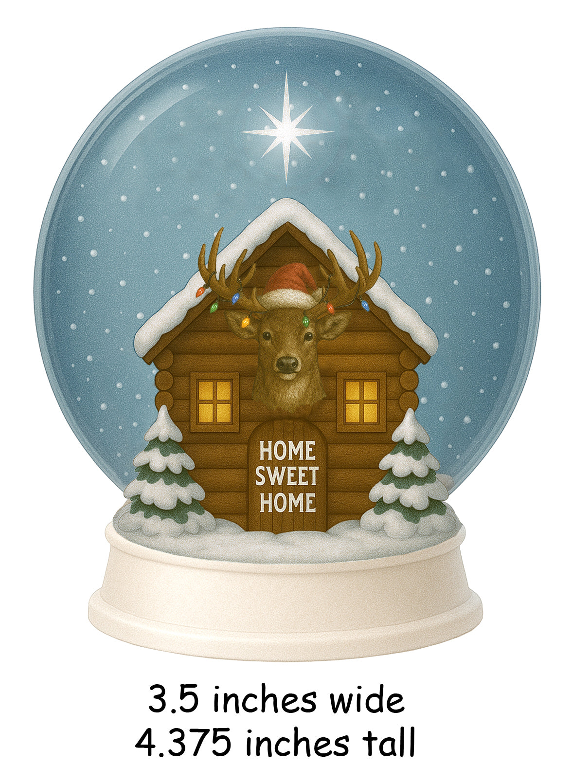 Log cabin snow globe with deer head wearing Santa hat and colorful holiday lights, surrounded by snowy pine trees and glowing windows