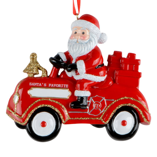 Handpainted Santa Claus on vintage red firetruck Christmas ornament with gold glitter accents