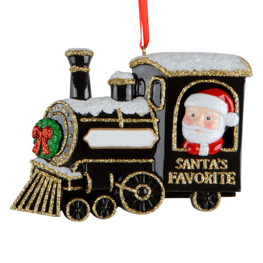 Holiday ornament shaped like a black steam train with Santa Claus inside cabin and 'Santa’s Favorite' text