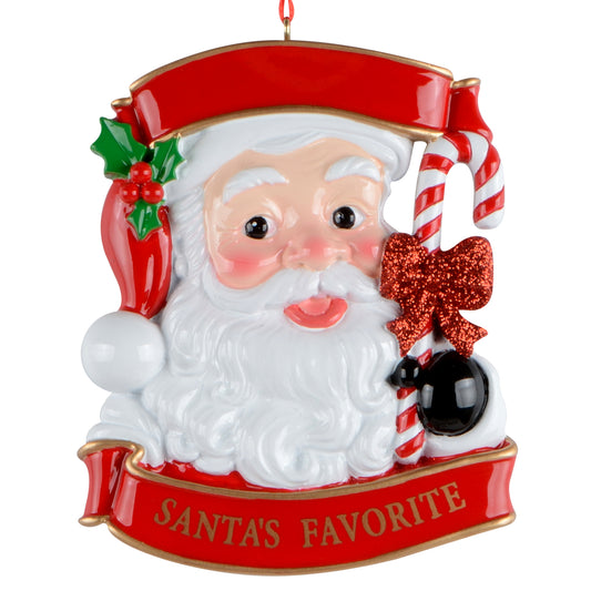 Handpainted Santa Claus holiday ornament with candy cane and red glitter bow, red hat with holly
