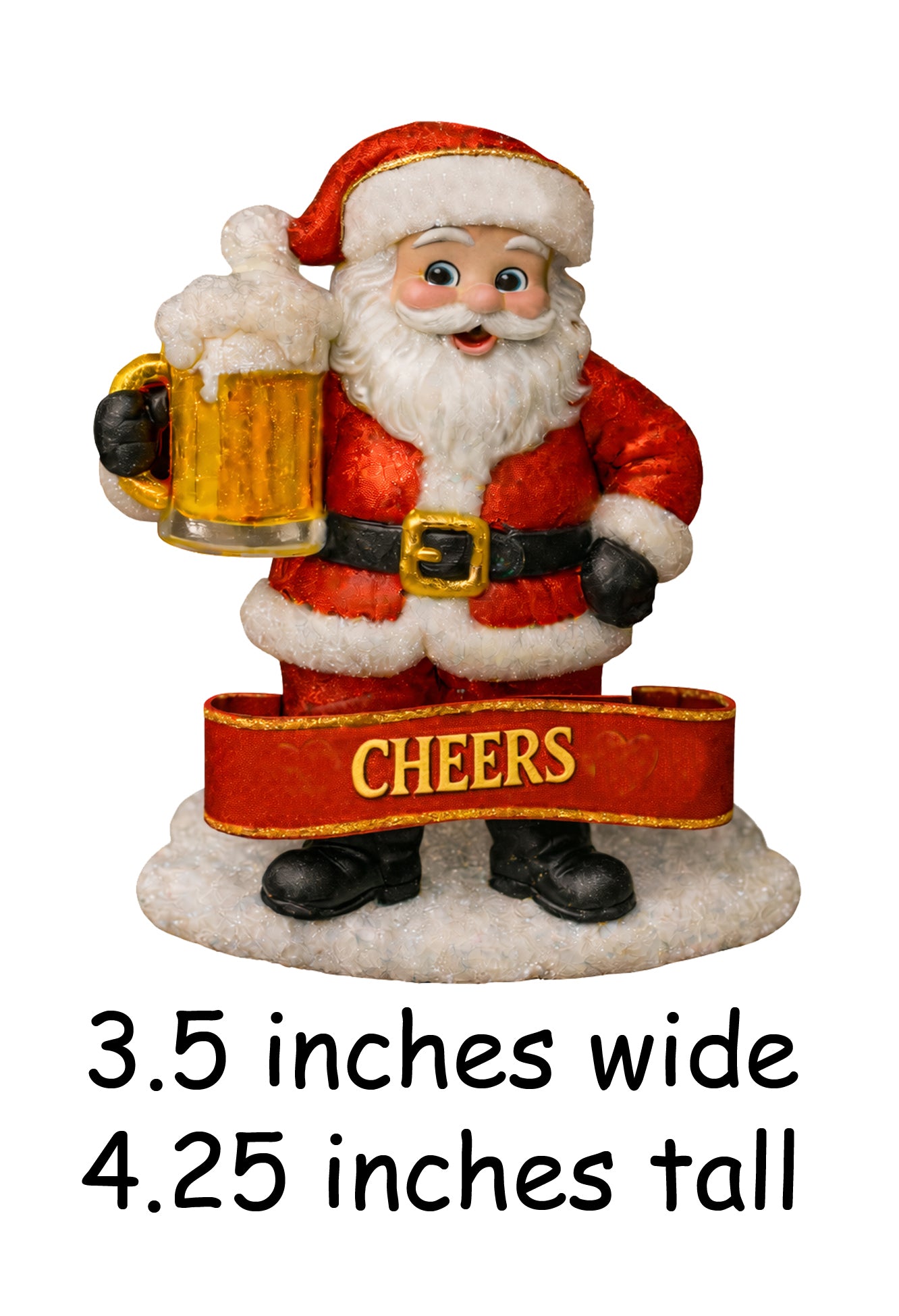 Handpainted Santa Claus figurine in red suit holding a frothy beer mug with a red and gold banner reading 'Cheers'