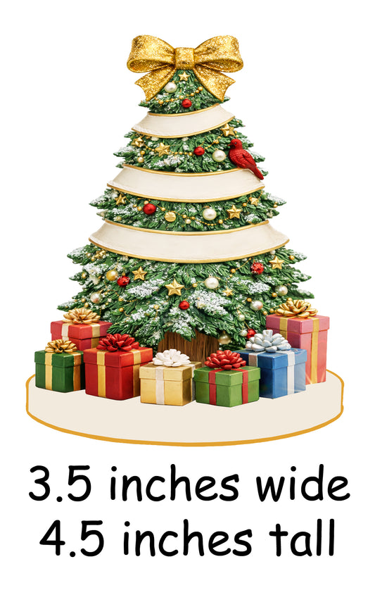 Handpainted Christmas tree ornament with gold bow, red cardinal, gifts, and festive decorations, 3.5x4.5 inches