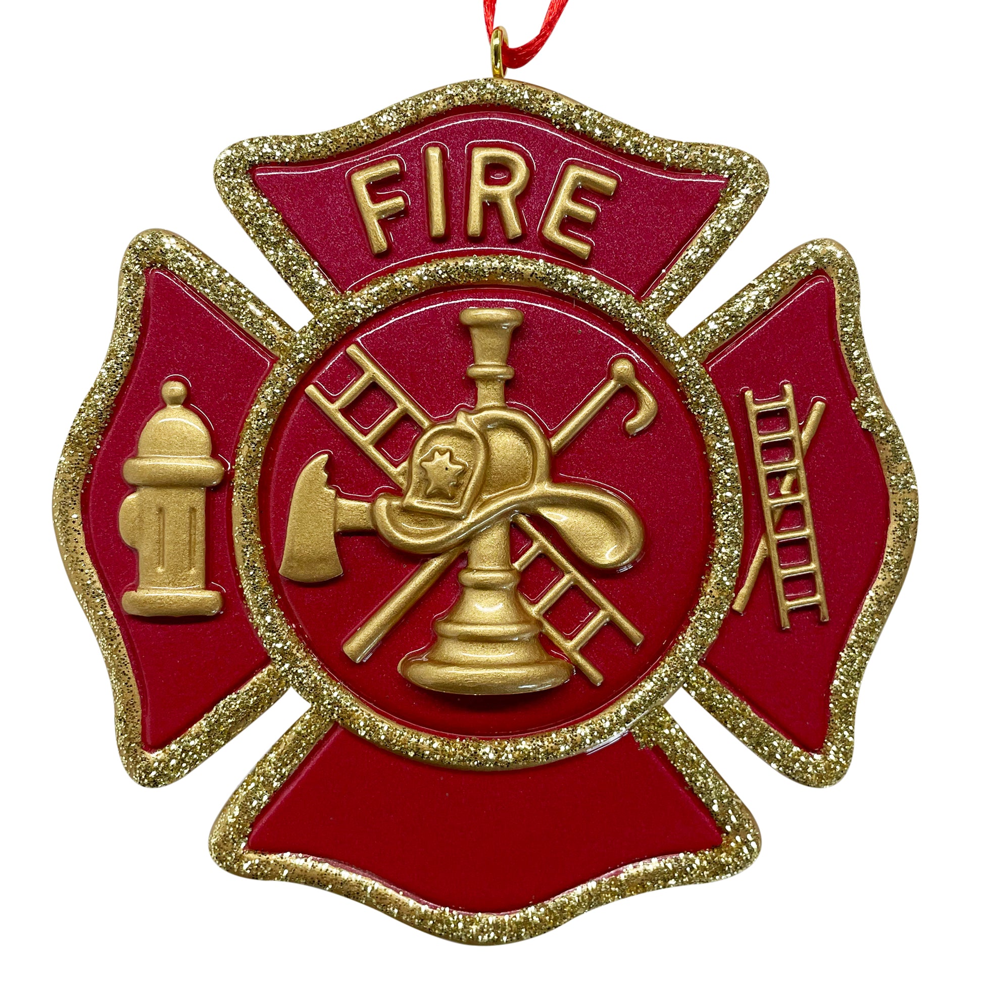 Handpainted red and gold firefighter badge ornament with glitter border and red hanging ribbon