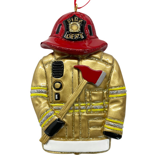 Handpainted firefighter jacket ornament with red helmet and axe, glossy and detailed.